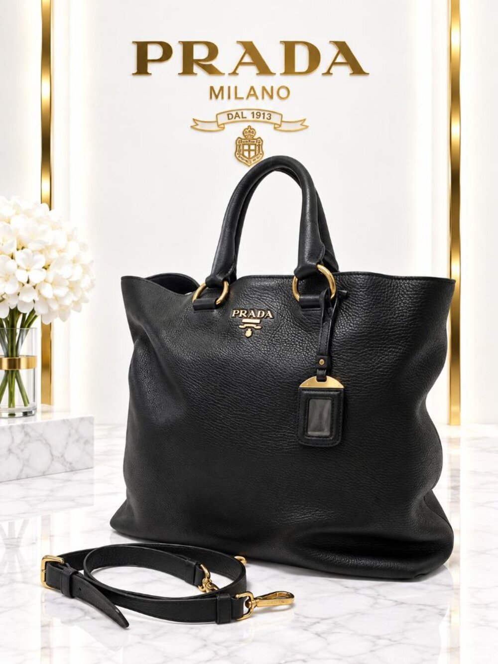 Authentic Prada Vitello Daino Black Leather Tote Bag Convertible Shoulder Bag
